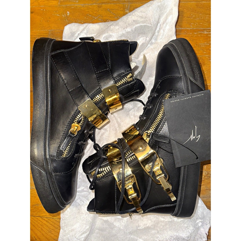 Size 9 Giuseppe Zanotti Men's High Top Sneakers Black/Gold Strap Buckle RU4063